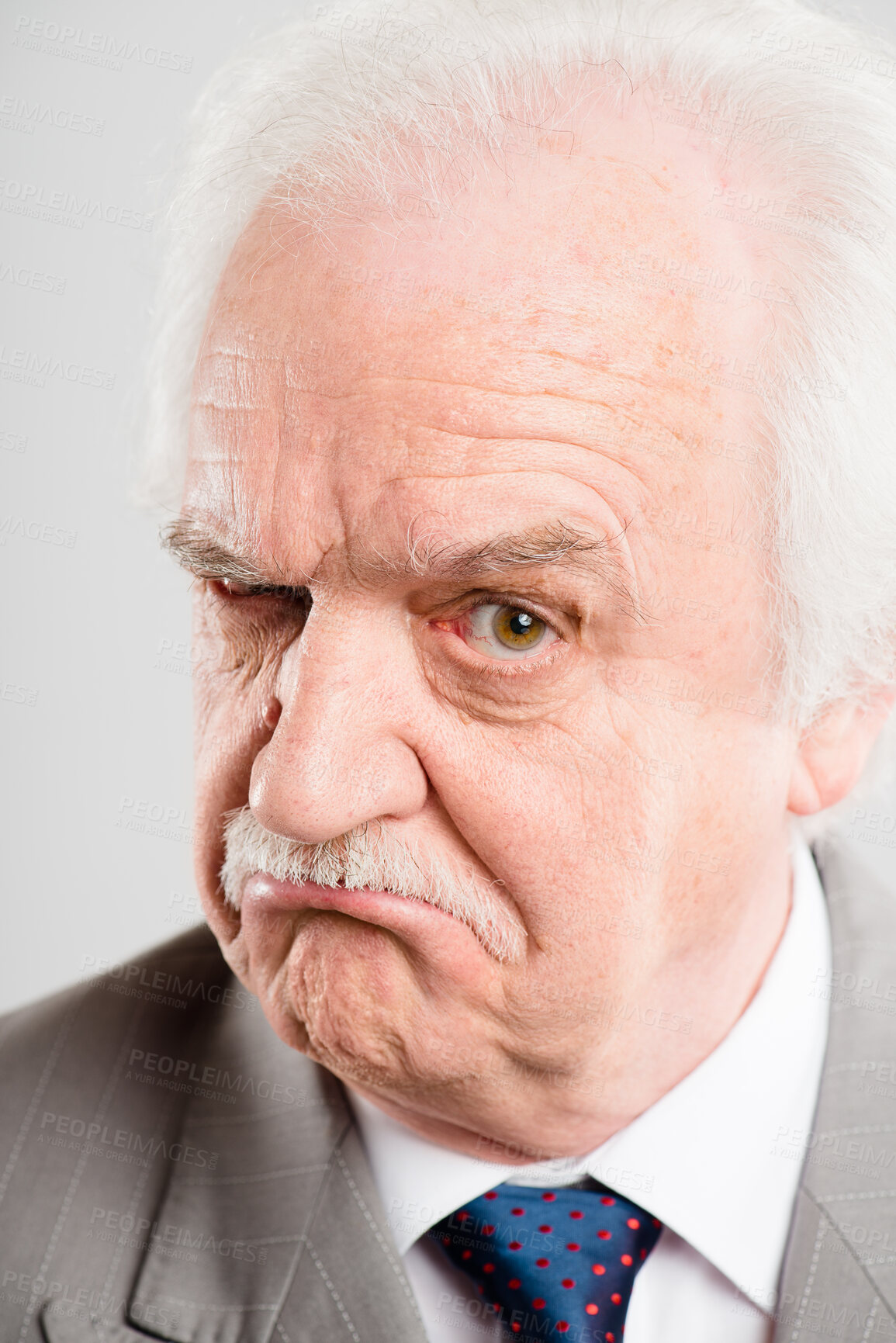 Buy stock photo Portrait, senior man and angry in studio, unhappy and grumpy for loss of business, upset and professional. White background, formal and CEO of company, accountant and retirement of mature person