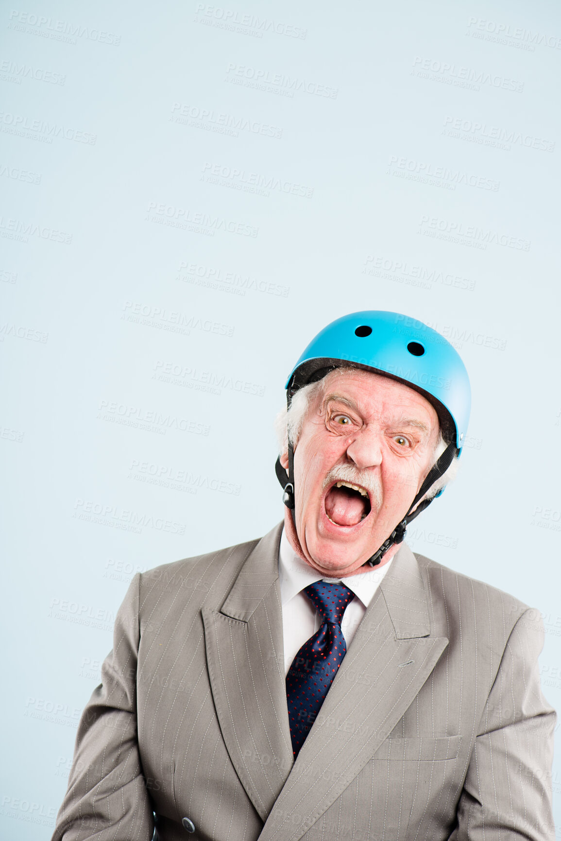 Buy stock photo Shout, portrait and businessman with helmet in studio with mockup space to commute to work. Crazy, scream and senior male corporate employee with safety equipment for travel by white background.