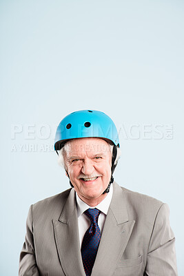 Buy stock photo Studio, business man and portrait, bicycle helmet and protection, safety or reduce risk of head injury. Mature, thoughts and ideas with gear by white background for travel, commute and mockup space