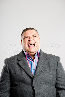 Buy stock photo Business man, happy and laughing for funny joke, comedy and confidence with positive mood in studio. Male person, excited and hilarious on white background for comic, humor and playful personality