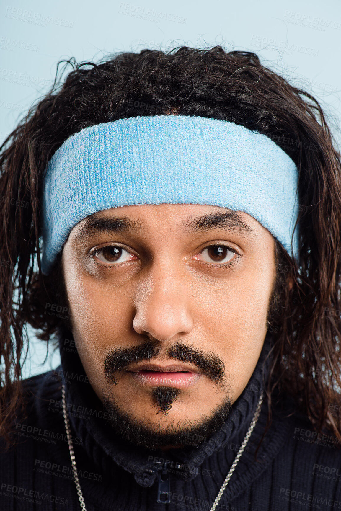 Buy stock photo Portrait, headband and man in studio, serious and fashion for musician, creative and artistic for style. Cool, face and rock star for entertainment, guy and ready for event, professional and person