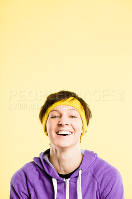 Buy stock photo Retro, fitness and portrait of woman in headband, smile or positive attitude for gym in studio mockup. Happy, face and girl in vintage style, exercise fashion or confidence on yellow background space