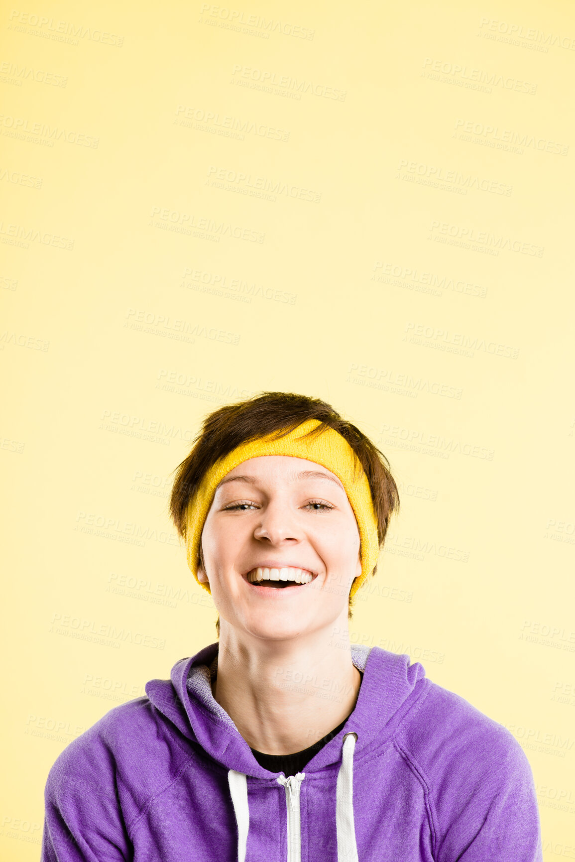 Buy stock photo Retro, fitness and portrait of woman in headband, smile or positive attitude for gym in studio mockup. Happy, face and girl in vintage style, exercise fashion or confidence on yellow background space