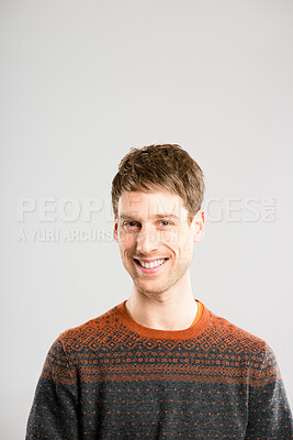 Buy stock photo Studio, smile and portrait of man, calm and confident for education, nerd and IT student in college. White background, proud and clothes for genius, relax and person with fashion and mockup space