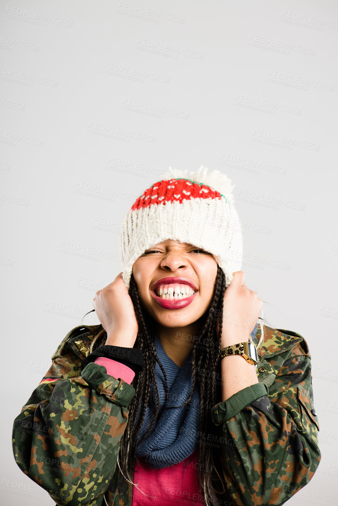 Buy stock photo Smile, hat and portrait of black woman in studio with stylish, trendy accessory and winter clothes. Happy, fashion and excited face of isolated person with beanie for confidence on gray background