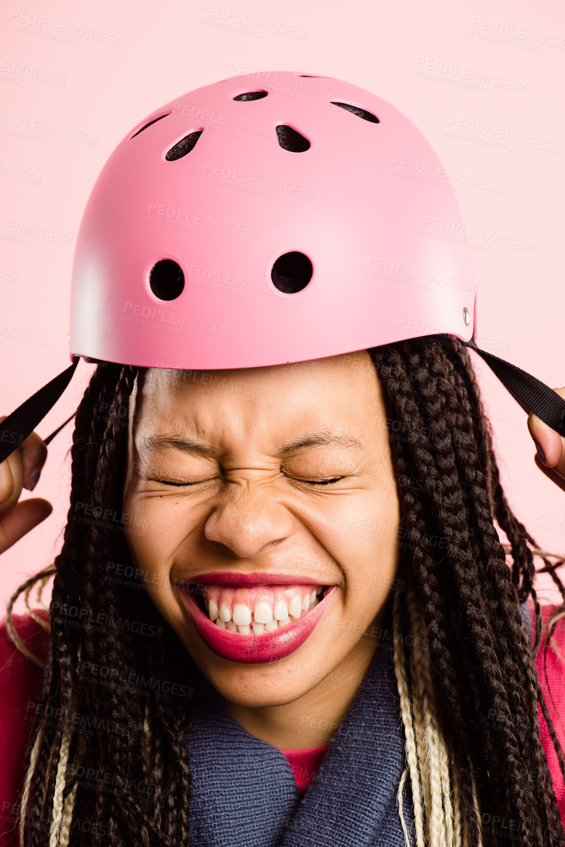 Buy stock photo Black woman, studio and eyes closed with bicycle helmet for transportation and riding on pink background. Female person, face and smile or excited with safety hat for bike or cycling in style