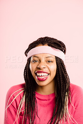 Buy stock photo Retro, gym and portrait of black woman in headband, smile or happy for fitness in studio mockup. Laughing, face and girl in vintage style, exercise fashion or confidence on pink background space