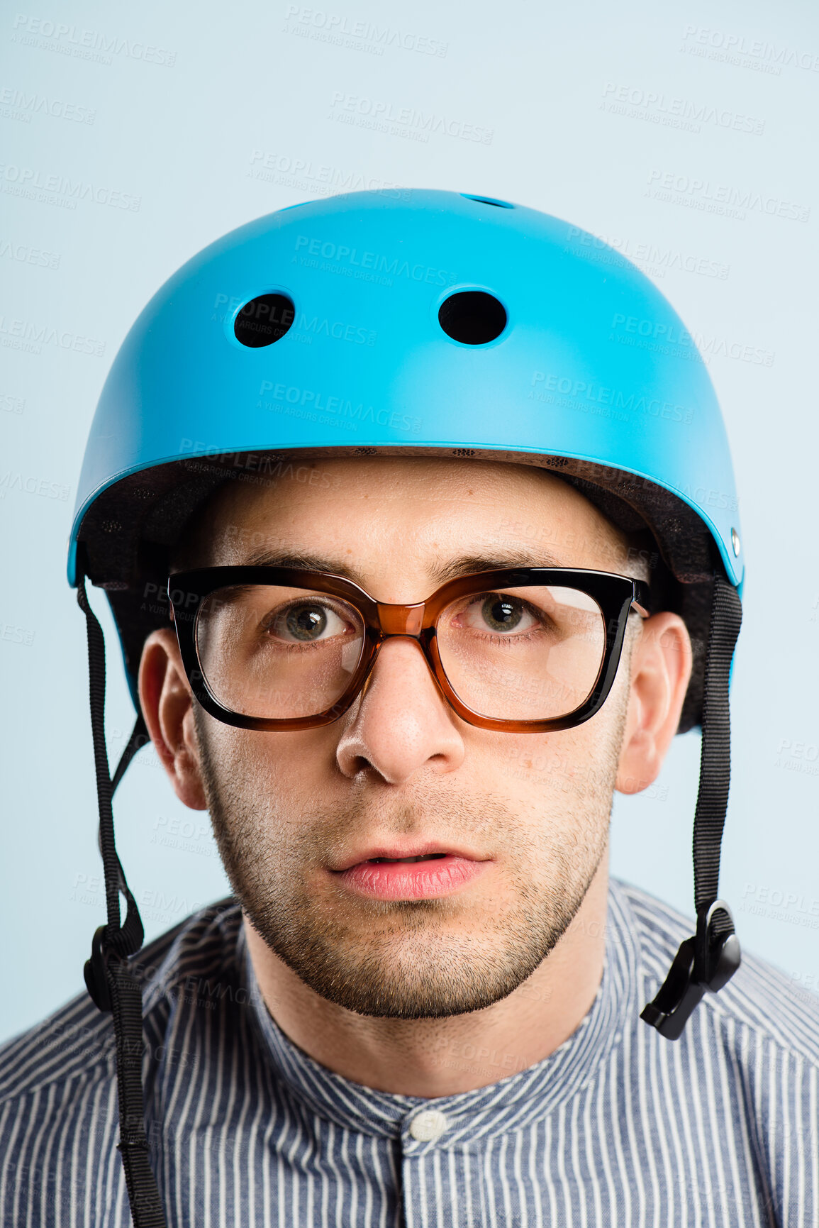 Buy stock photo Serious, portrait and businessman with helmet in studio for commuting to work with spectacles. Career, glasses and face of male corporate employee with safety equipment for travel by white background