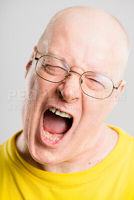 Buy stock photo Mature man, angry and scream in studio for stress, frustrated or annoyed with alopecia crisis. Male person, upset and shout on white background for tantrum, grumpy and unhappy with hair loss disaster