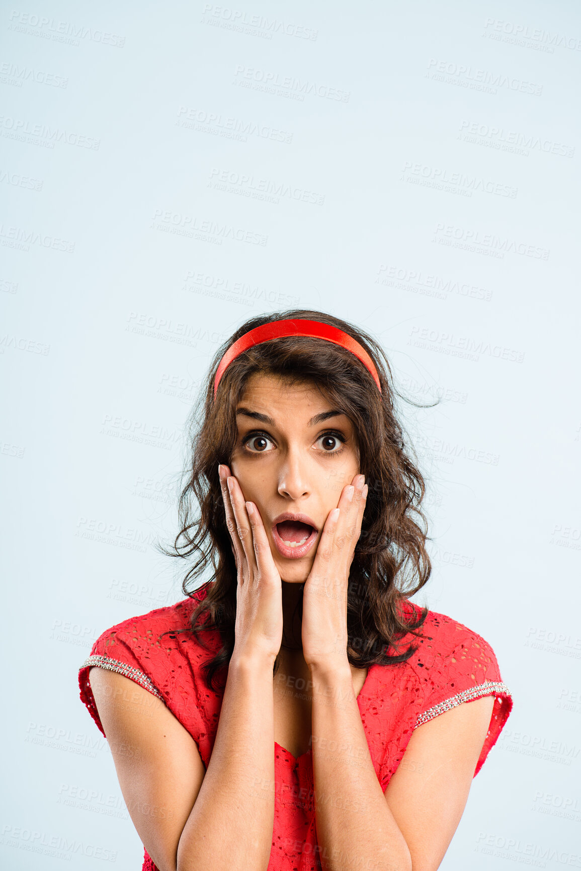 Buy stock photo Woman, portrait and shock for gossip in studio, secret and what for information on blue background. Female person, surprise and overwhelmed with announcement or news, revelation and hearing rumor