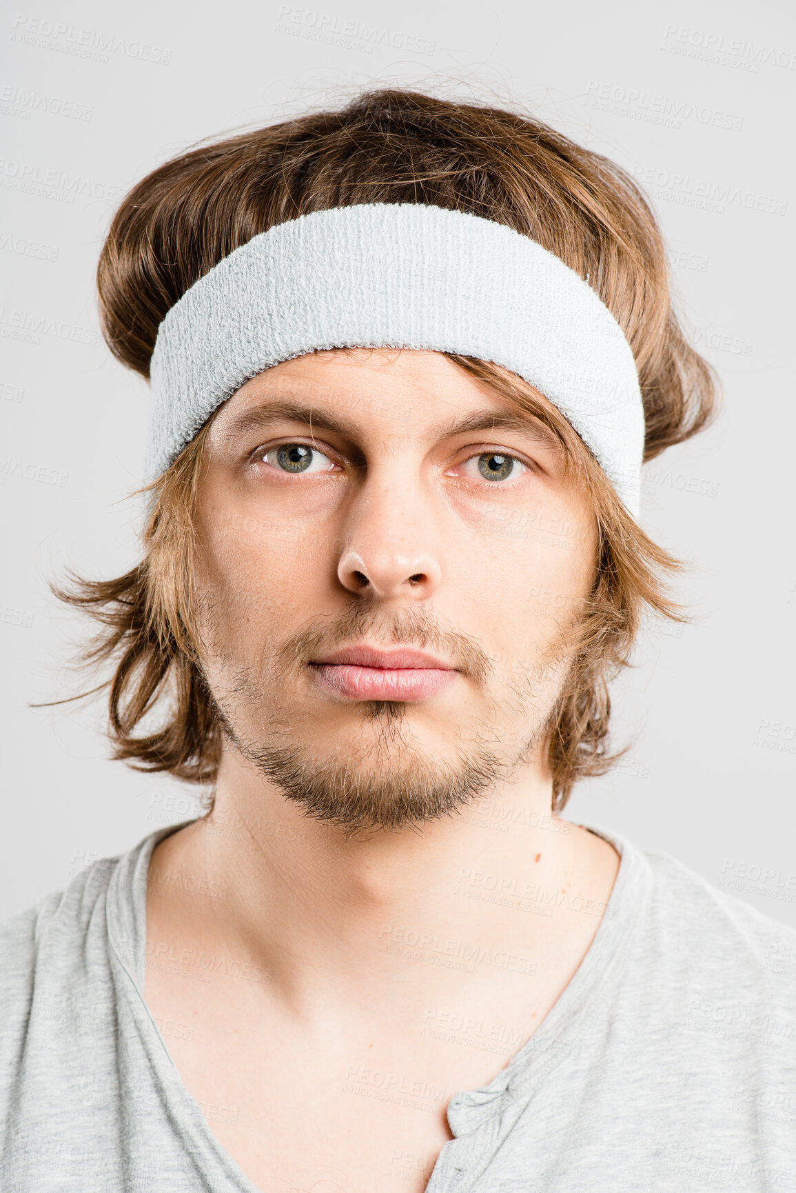 Buy stock photo Serious, fitness and portrait of man with headband, retro fashion and workout coach for gym in studio. Pride, face and male person with vintage style, exercise and confidence on grey background.