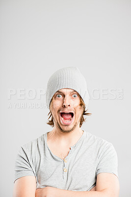 Buy stock photo Man, portrait and scary shouting in studio, mental health and alert for terror on gray background. Male person, screaming and anxiety for information, yelling and horror for announcement or worry