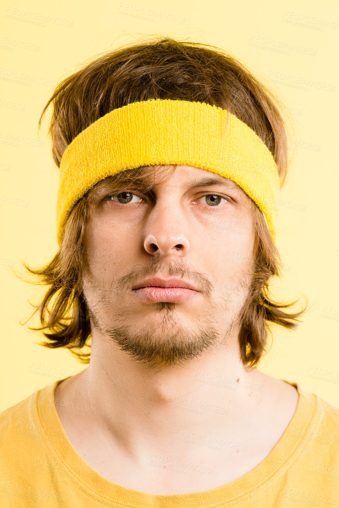 Buy stock photo Bored, gym and portrait of man with headband, retro fashion and workout coach for fitness in studio. Pride, face and male person with vintage style, exercise or serious on yellow background in Sweden