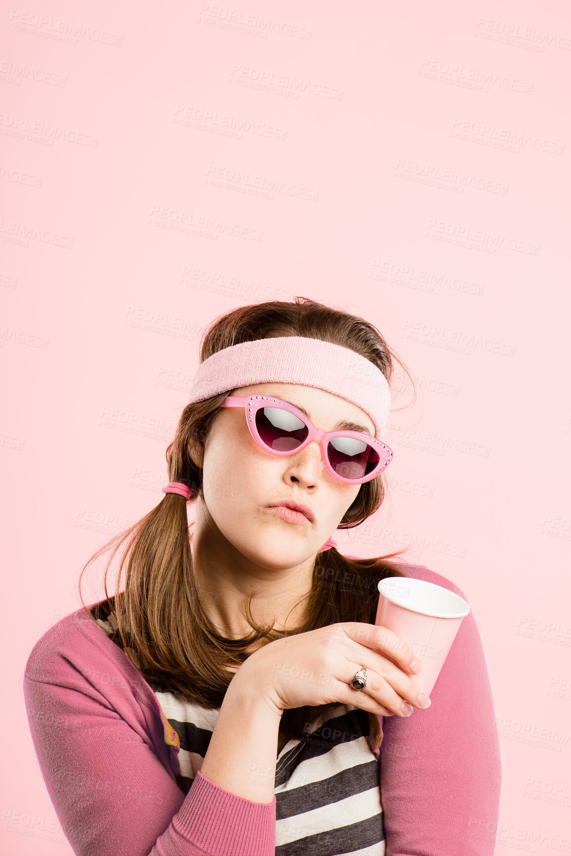 Buy stock photo Woman, portrait and headband for fashion in studio with retro fitness, coffee cup or gym workout of vintage style. Confident, female person and drink tea, trendy glasses and mockup on pink background