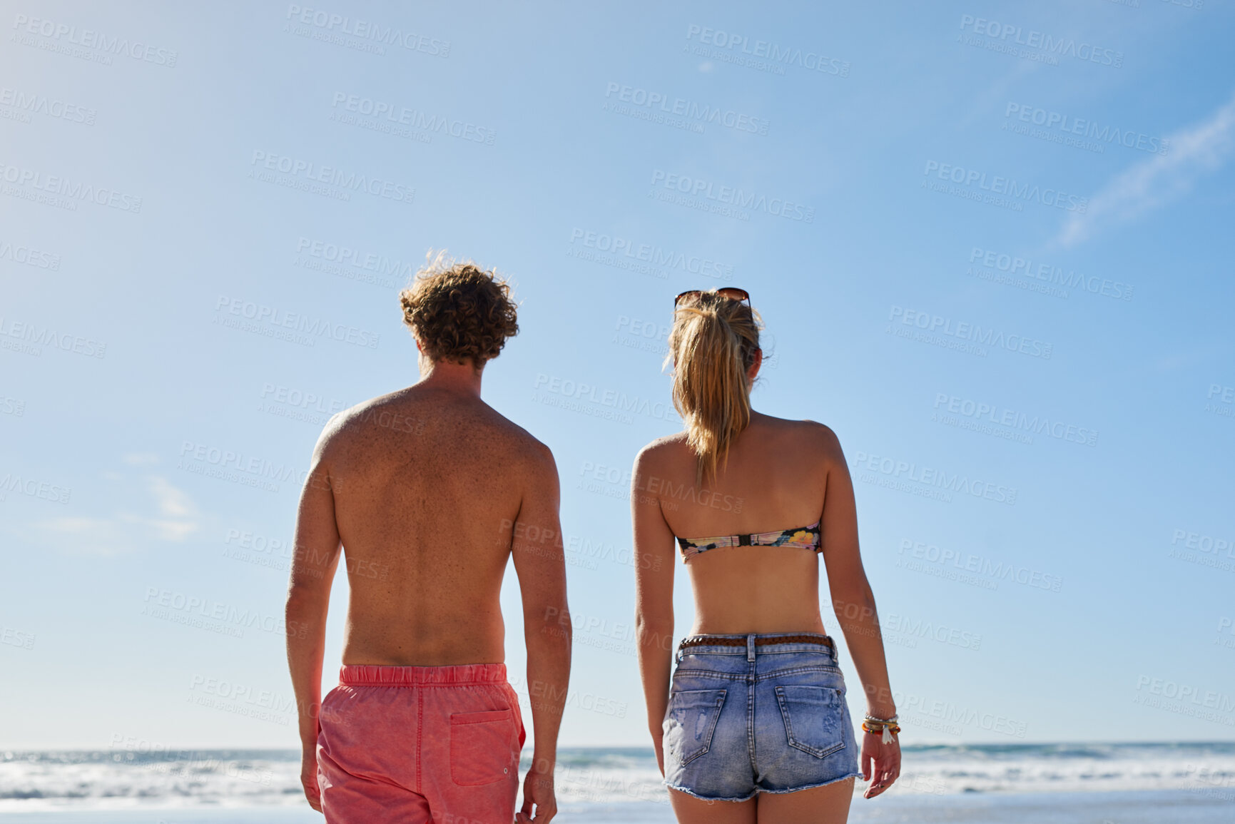 Buy stock photo Beach, back and couple by blue sky for vacation, holiday adventure and bonding together with walking. People, man and woman by space for connection, commitment and peaceful in relationship by ocean