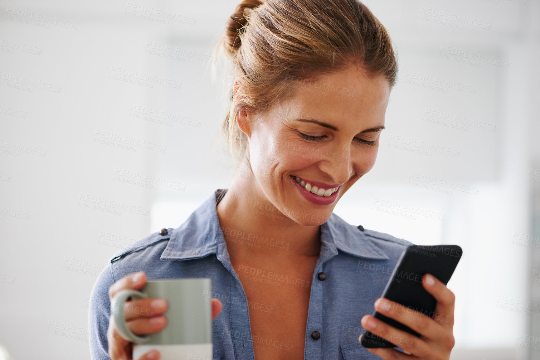 Buy stock photo Woman, coffee and smile with phone in home for reading notification, text message or scroll on social media. Person, happy and smartphone with beverage for online news, ebook and dating site in house