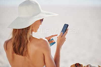 Buy stock photo Credit card, phone and travel with woman on beach for online shopping, payment and fintech. Relax, summer and tropical vacation with back of female customer for ecommerce, trip deal and finance