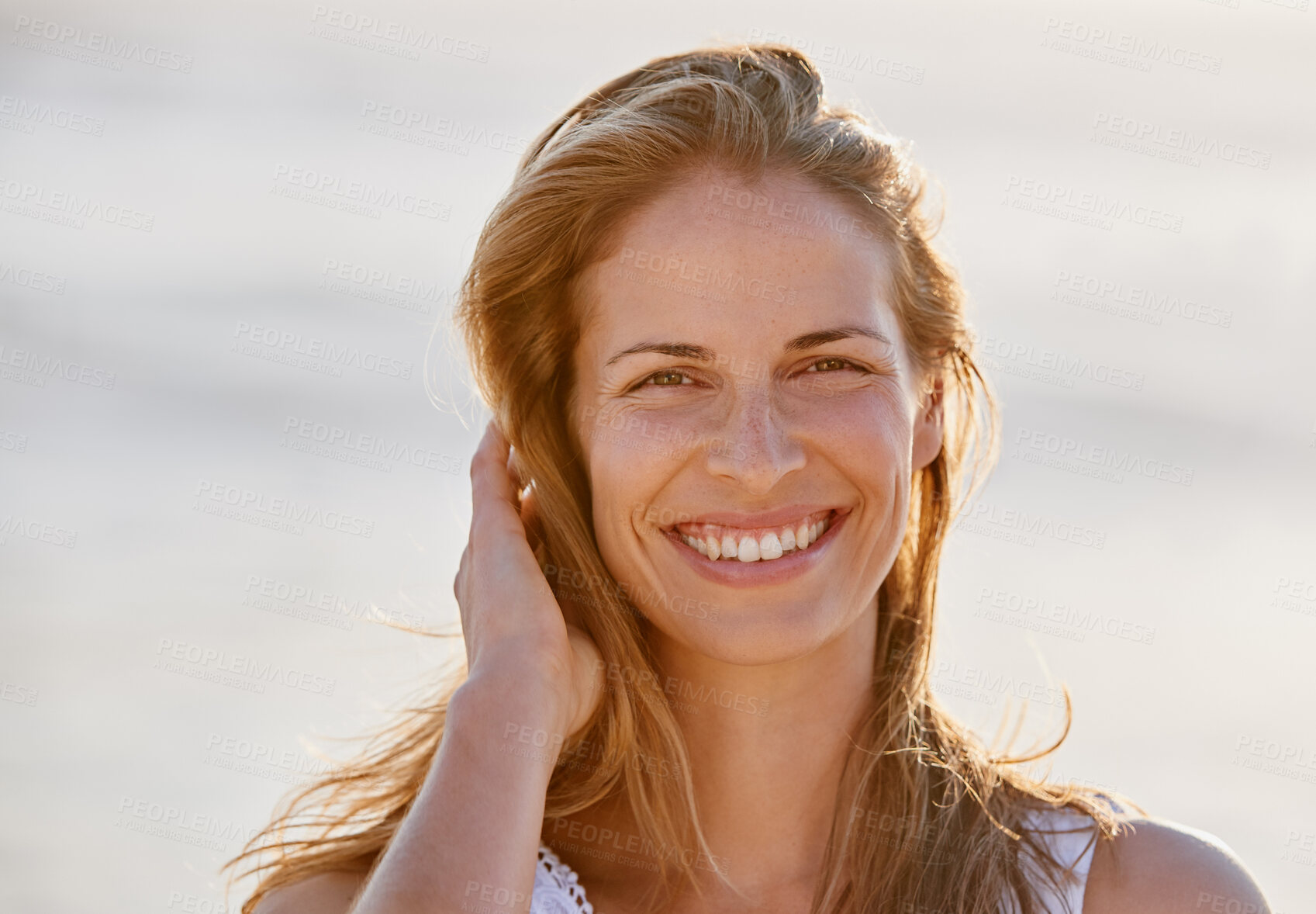 Buy stock photo Smile, fun and portrait of woman at beach with confidence, travel and outdoor adventure on tropical island. Ocean, relax and happy face of girl on weekend getaway for summer vacation in Australia