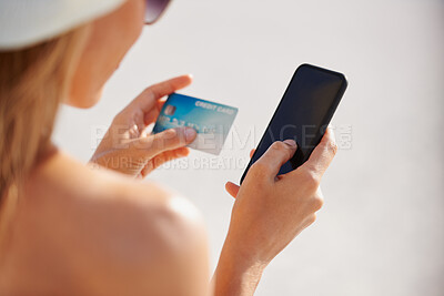 Buy stock photo Credit card, phone screen and mockup with woman on beach for online shopping, payment and fintech. Relax, summer and vacation with hands of female customer for ecommerce, travel deal and finance