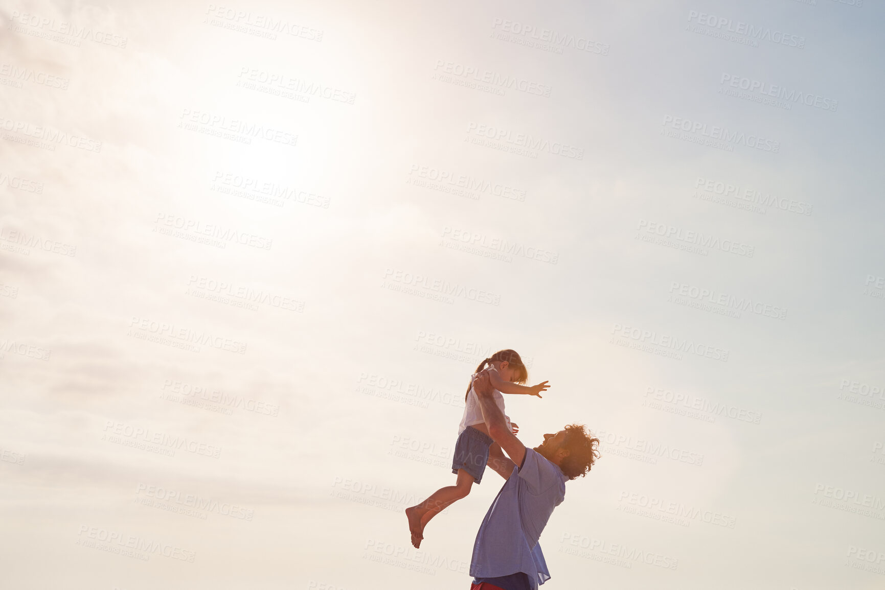 Buy stock photo Father, child and air with flying game outdoor with vacation, holiday and travel of family. Young girl, man and freedom by the sea in the morning with summer fun, playing and bonding together