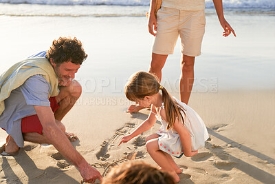 Buy stock photo Father, girl and drawing in sand at beach with family, vacation or smile with bonding for creativity. Dad, children and outdoor on holiday by ocean with art, playful or connection for memory in Spain