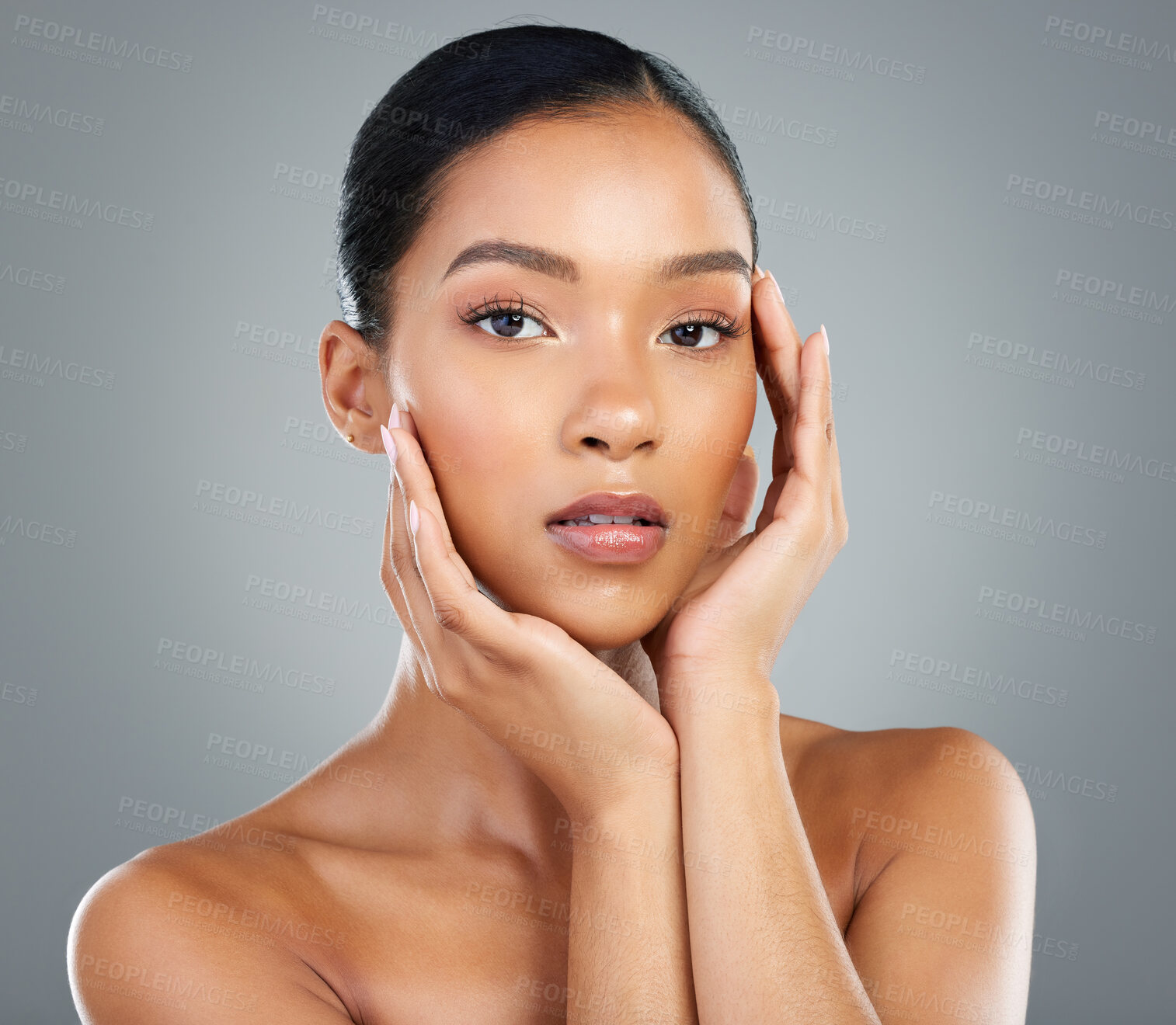 Buy stock photo Elegant, makeup or portrait of woman with skincare in studio on grey background for facial glow. Cosmetology, classy girl or face of confident model with cosmetics, beauty or dermatology treatment