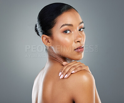 Buy stock photo Shoulder, makeup or portrait of woman with skincare or facial glow in studio on grey background. Dermatology treatment, girl and face of confident model with cosmetics, beauty results or wellness