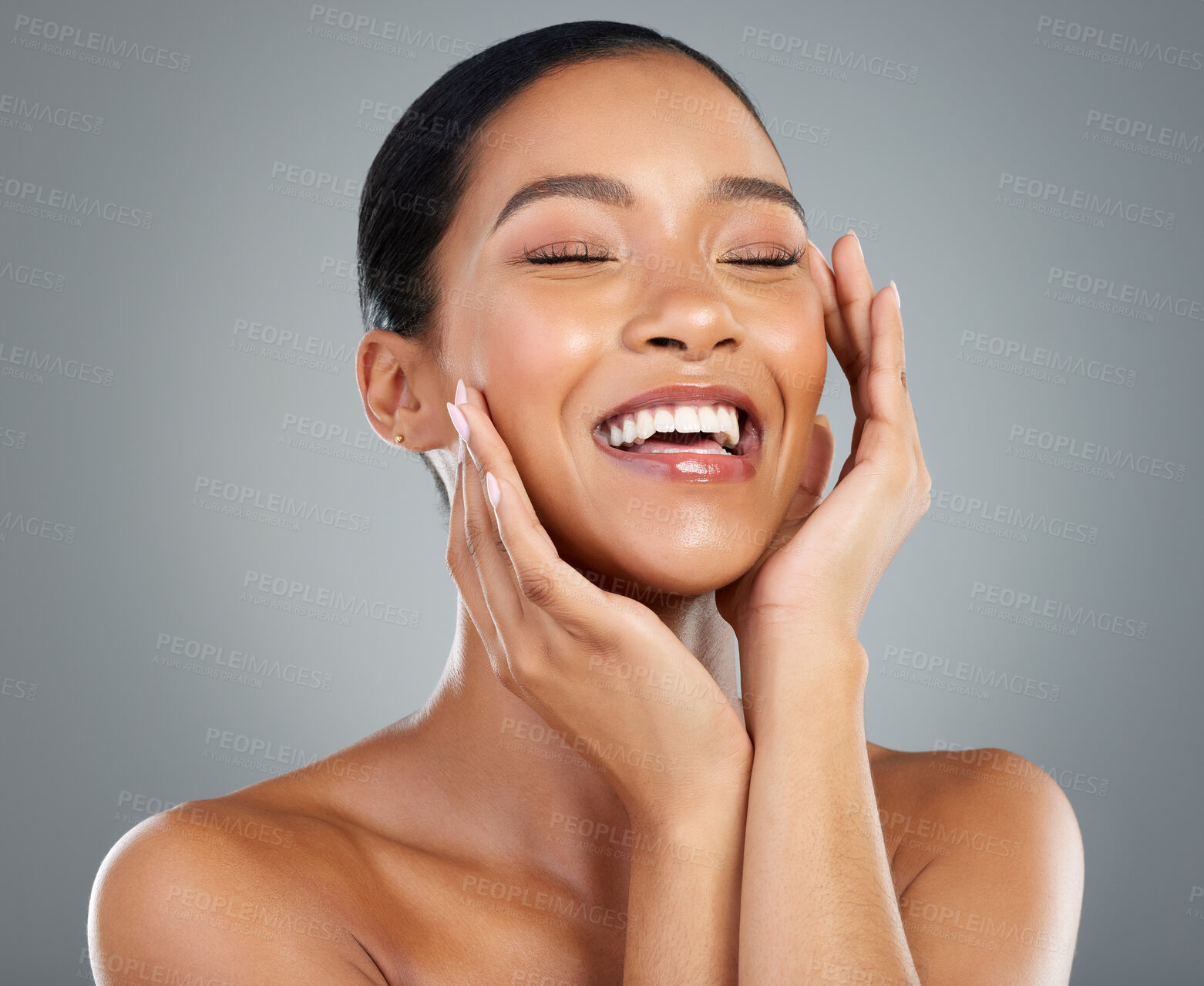 Buy stock photo Laughing, makeup or hands of woman with skincare in studio on grey background for facial glow. Cosmetology, happy girl or face of proud model with cosmetics, beauty results or dermatology treatment