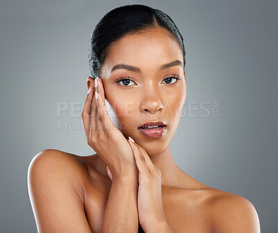 Buy stock photo Hands, skincare or portrait of woman with beauty in studio on grey background fo facial glow. Dermatology treatment, girl or face of confident model with cosmetics, makeup and transformation results