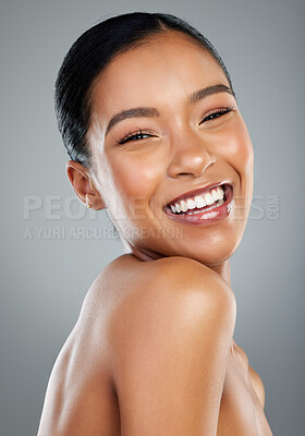 Buy stock photo Laughing, makeup or portrait of woman with beauty or facial glow in studio on grey background. Cosmetology, happy girl or face of proud model with cosmetics, skincare results or dermatology treatment