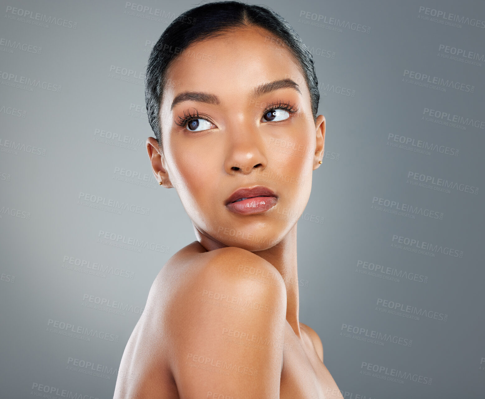 Buy stock photo Thinking, makeup or woman with skincare in studio on grey background for facial glow ideas. Dermatology treatment, girl or face of confident model with cosmetics, beauty and transformation results