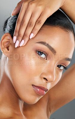 Buy stock photo Manicure, makeup or portrait of woman with skincare or facial glow in studio on grey background. Dermatology treatment, hand or face of confident model with aesthetics, beauty or cosmetics results