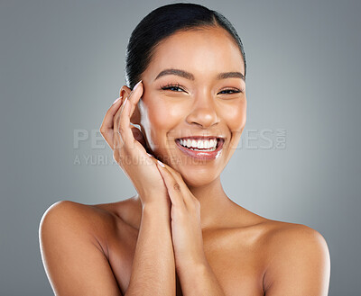 Buy stock photo Smile, makeup or portrait of woman with beauty in studio on grey background for facial glow. Cosmetology, happy girl or face of proud model with cosmetics, skincare results or dermatology treatment