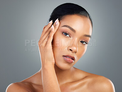 Buy stock photo Hands, manicure or portrait of woman with skincare or facial glow in studio on grey background. Dermatology treatment, girl or face of confident model with cosmetics, beauty or transformation results