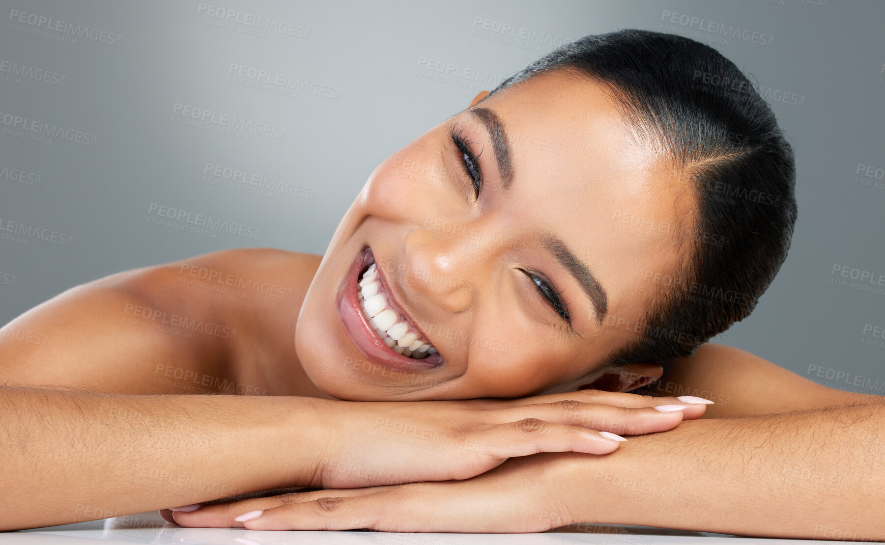 Buy stock photo Relax, smile or portrait of happy woman with skincare or facial glow in studio on grey background. Cosmetics treatment, girl or face of confident model with makeup, beauty or transformation results