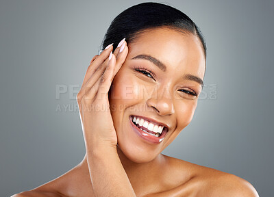 Buy stock photo Hand, smile or portrait of happy woman with skincare or facial glow in studio on grey background. Manicure treatment, girl or face of confident model with cosmetics, beauty or transformation results