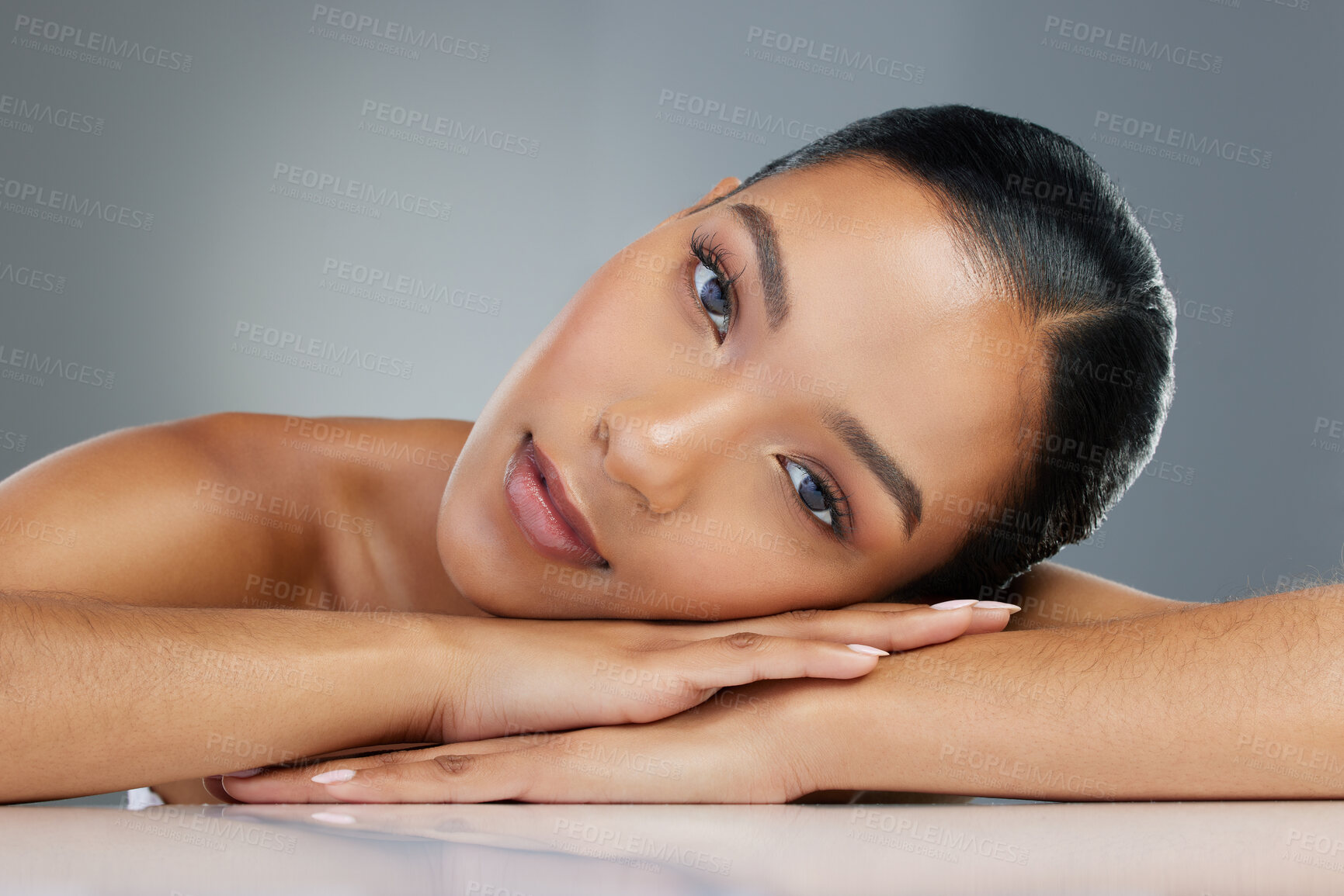 Buy stock photo Relax, makeup or portrait of woman with skincare in studio on grey background for facial glow. Dermatology treatment, girl or face of confident model with cosmetics, beauty and transformation results