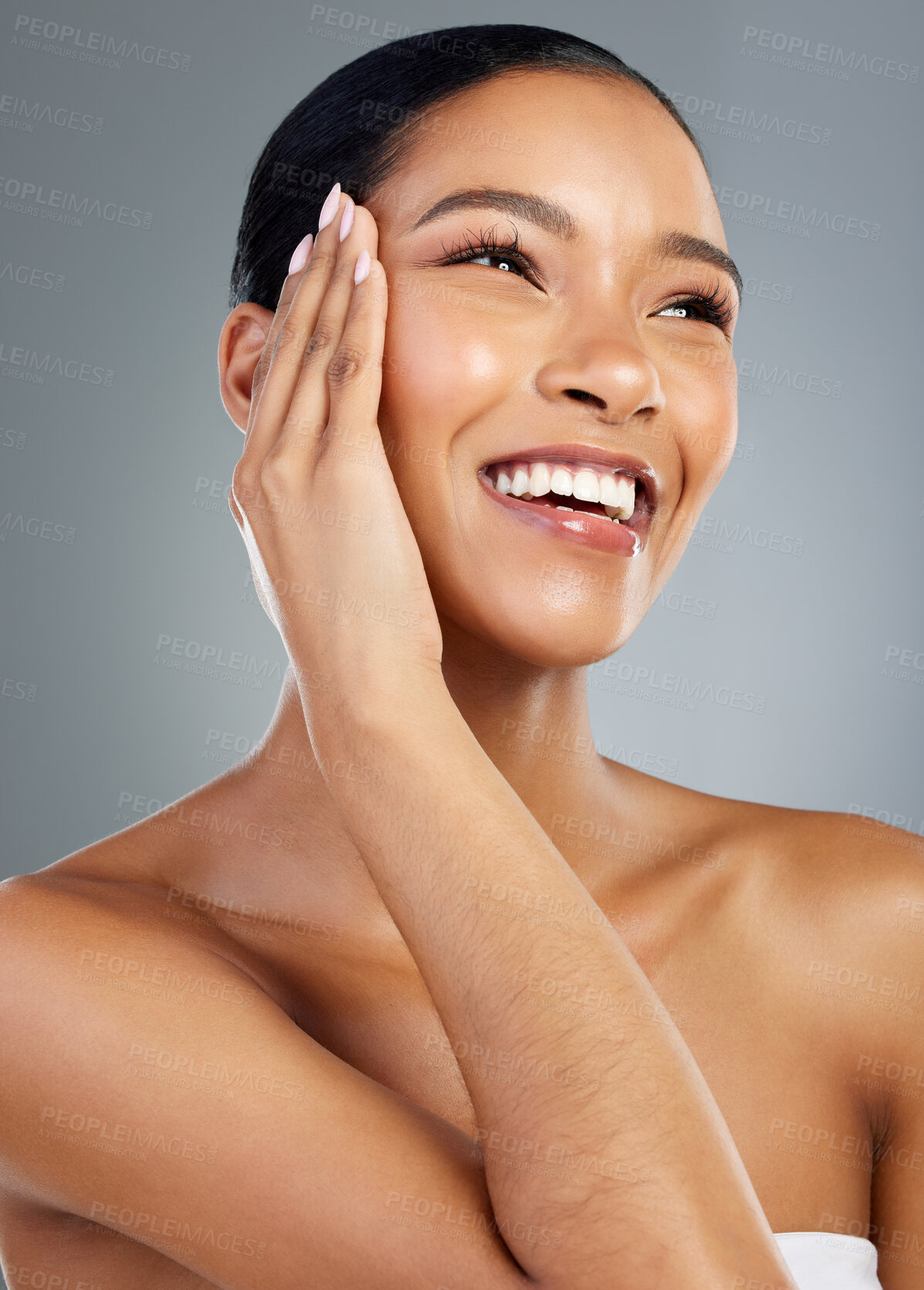 Buy stock photo Thinking, makeup or hand of woman with manicure in studio on grey background for facial glow. Beauty treatment, ideas or face of confident model with cosmetics, skincare and transformation results