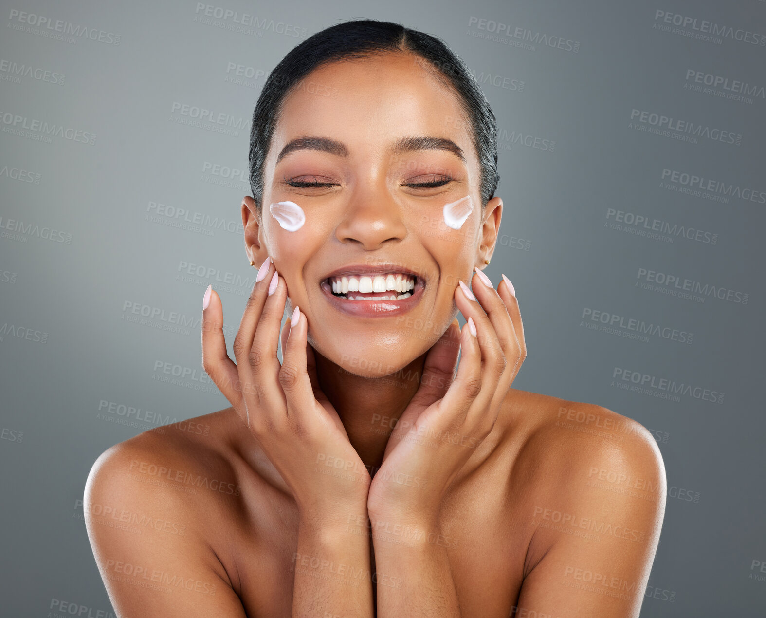 Buy stock photo Woman, face and creme with beauty in studio for collagen treatment, skin hydration and skincare. Mockup, happy and cream cosmetics product with hyaluronic acid, retinol or wellness on gray background