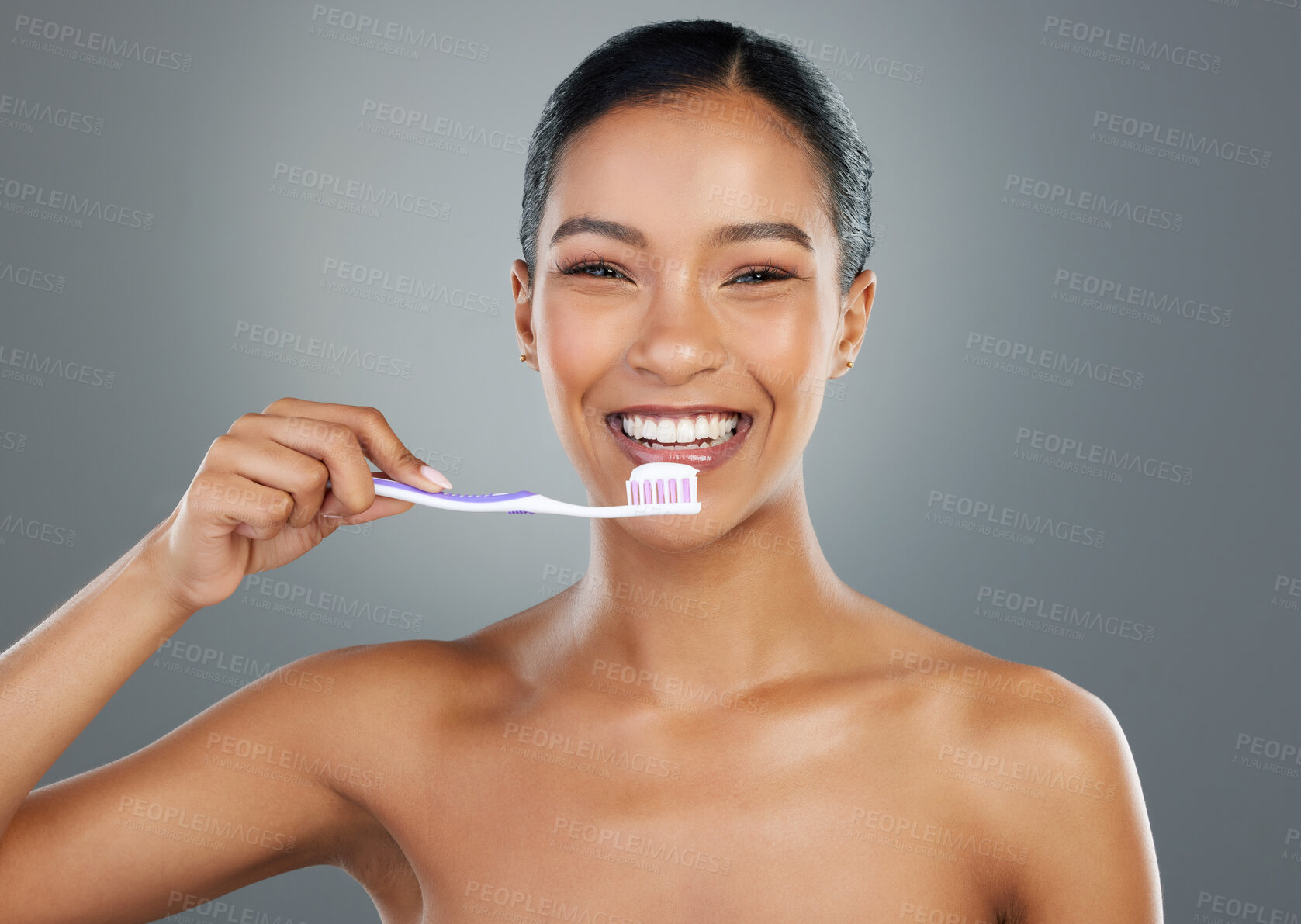 Buy stock photo Woman, toothbrush and happy in studio portrait for dental wellness, health and hygiene by background. Girl, person and model with toothpaste, brush and smile for teeth whitening process in Costa Rica