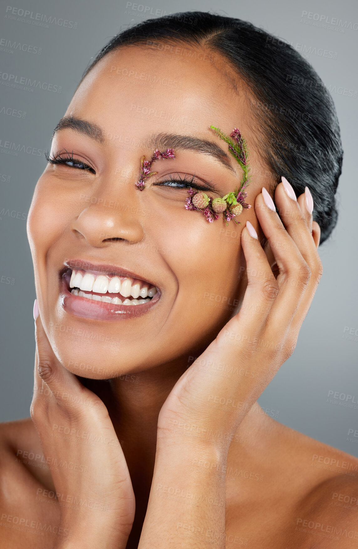 Buy stock photo Girl, flowers and skincare in studio portrait with natural makeup, wellness and beauty by background. Woman, person and model in spring with organic cosmetics, plants and transformation in Costa Rica