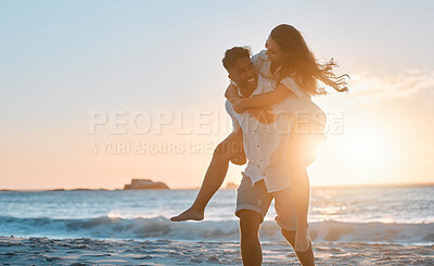 Buy stock photo Piggyback, sunset or happy couple at beach to travel for love on vacation, valentines day or holiday. Sun flare, adventure or people in Spain for bonding together for romantic trip on tropical island