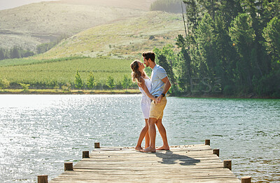 Buy stock photo Lake, dancing or bonding nature couple on outdoor quality time together, fun countryside adventure or weekend getaway. Freedom peace, water or playful woman, man or romantic people dance on love date