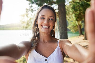 Buy stock photo Nature, happy and woman taking a selfie in the forest while on outdoor adventure alone on a weekend trip. Happiness, smile and portrait of female taking picture in woods on travel holiday or vacation