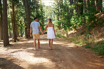 Buy stock photo Nature, forest and couple holding hands walking on a romantic date or hiking adventure together in the woods. Explore, love and people or man and woman in a relationship walk outdoors in a park