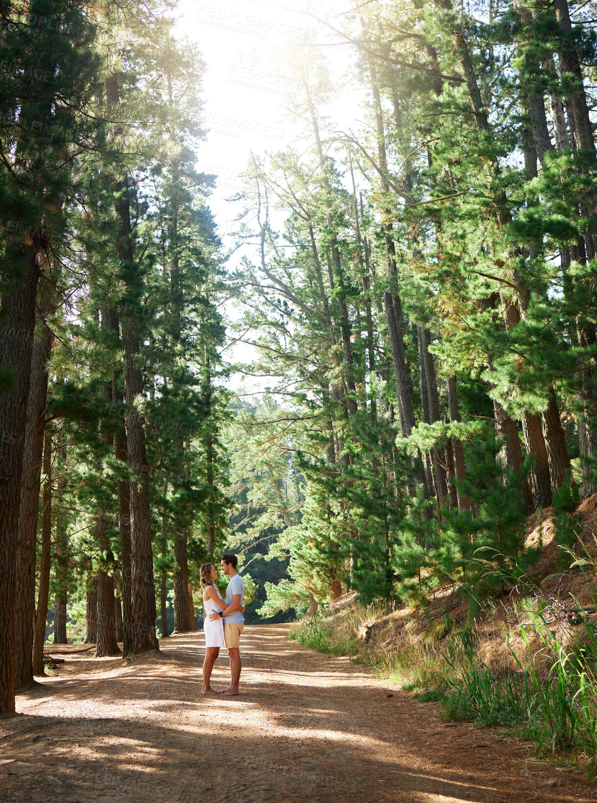 Buy stock photo Love, nature and forest couple hug on outdoor quality time together, hiking adventure or woods bonding journey. Peace, freedom and trekking woman, man or romantic people embrace on wilderness date