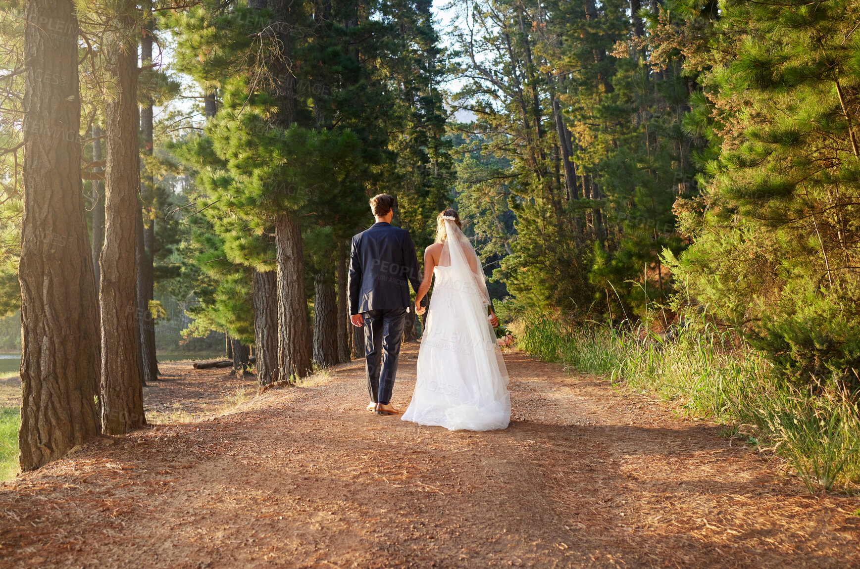 Buy stock photo Wedding, back and couple walking in forest, nature and park in celebration of union, care or marriage. Bride, groom and walk in garden, love and celebrate bridal event of commitment, support or trust