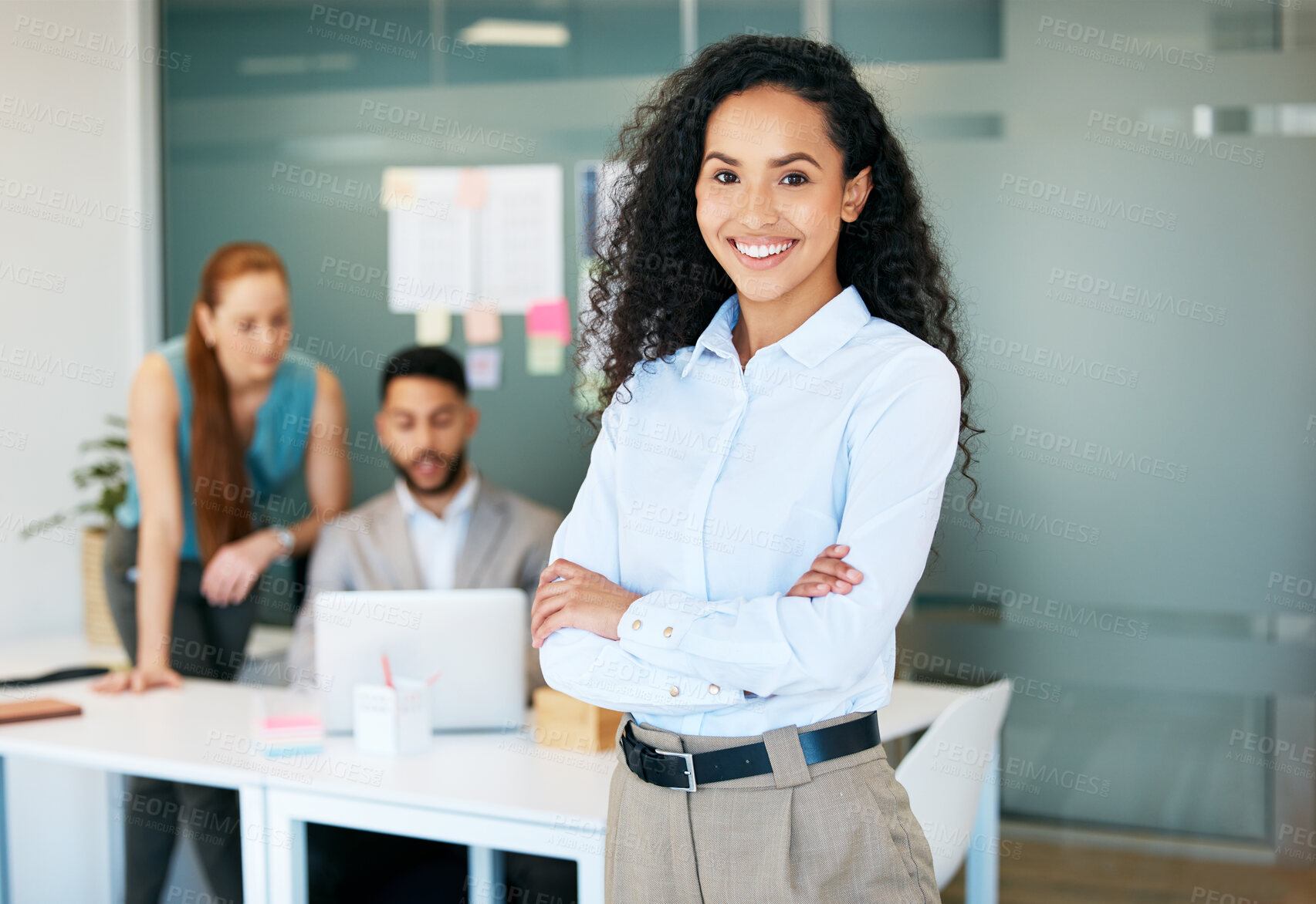 Buy stock photo Happy, crossed arms and portrait of business woman in office with confidence, pride and smile. Project management, professional and person with team for startup company, career and opportunity