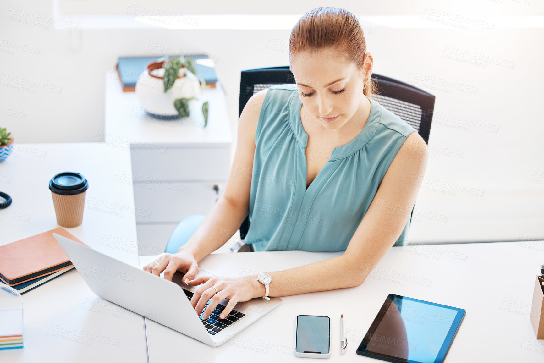 Buy stock photo Business woman, phone and typing with laptop for research, checklist or copywriting at office desk. Female person, journalist or editor working with computer or technology for news article or app