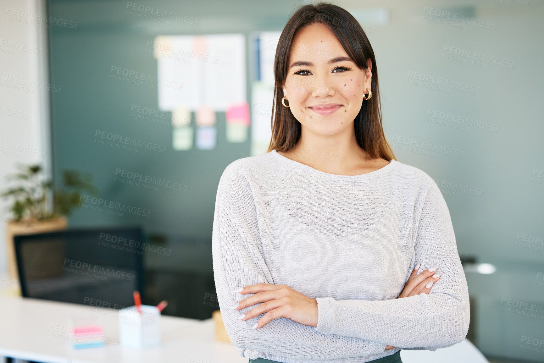 Buy stock photo Smile, businesswoman and portrait with pride in office, arms crossed and career for accountant. Happy, female person and financial advisor with confidence for investment growth, corporate or about us